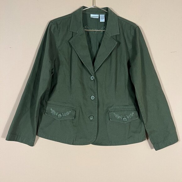 Chicos Olive Green Long Sleeves Rhinestone Trim Pockets Jacket/Blazer Women's 2 - Picture 1 of 9